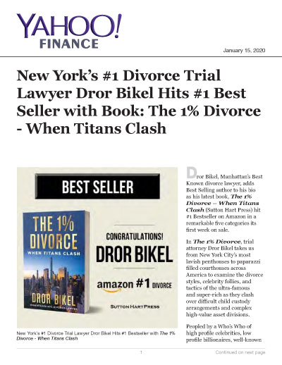 New York's #1 Divorce Trial Lawyer Dror Bikel Hits #1 Best Seller w/Book: The 1% Divorce - Clash of Titans