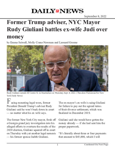 Former Trump adviser, NYC Mayor Rudy Giuliani battles ex-wife Judi over money