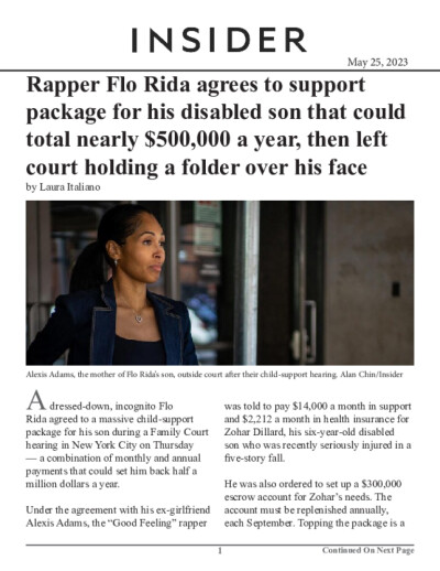 Rapper Flo Rida agrees to support package for his disabled son that could total nearly $500,000 a year, then left court holding a folder over his face