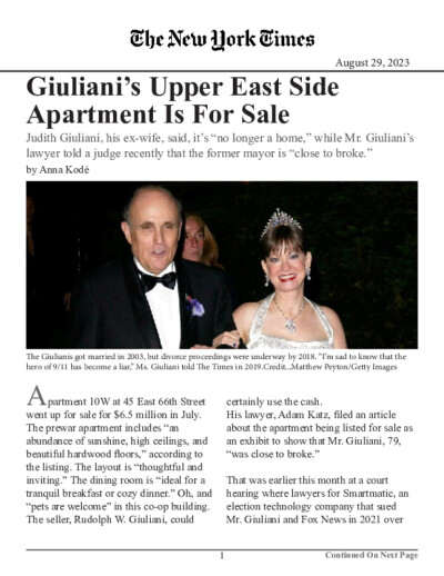 Giuliani’s Upper East Side Apartment Is for Sale